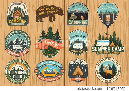 Set of Rock Climbing club and summer camp badges. Vector. Concept for shirt or print, stamp, patch. Vintage typography design with camping tent, trailer, camper, climber, carabiner and mountains. 116718051