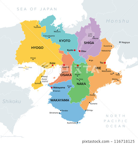 Kansai region, or also Kinki region in Japan, multi colored political map. Southern-central region of main island Honshu, consisting of prefectures Hyogo, Mie, Nara, Osaka, Kyoto, Shiga, and Wakayama. 116718125