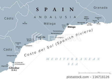 Costa del Sol, Spanish Riviera in Andalusia, gray political map. World-renowned tourist destination, a region south of Spain, coastline from Gibraltar to Nerja with largest cities Malaga and Marbella. Costa del Sol, Spanish Riviera in Andalusia, gray political map. World-renowned tourist destination, a region south of Spain, coastline from Gibraltar to Nerja with largest cities Malaga and Marbella. 116718126