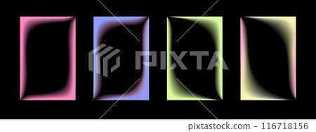 Collection of transparent rectangular gradient frames with wavy inner borders. Set of retro frames with blur. Vector illustration on black background 116718156