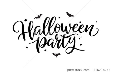Halloween party, lettering calligraphy with bats isolated on white. Good for invitation party design, poster, banner or flyers Halloween party, lettering calligraphy with bats isolated on white. Good for invitation party design, poster, banner or flyers 116718242