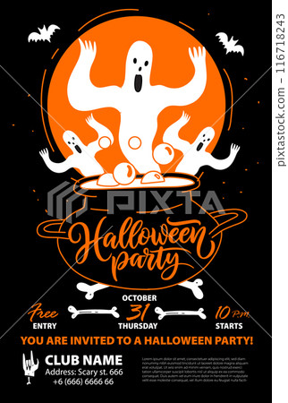 Halloween Party Poster Design or Flyer, Invitation with Scary Haunted Ghost and Witch Cauldron Halloween Party Banner Design Template. Halloween Party Poster Design or Flyer, Invitation with Scary Haunted Ghost and Witch Cauldron Halloween Party Banner Design Template. 116718243