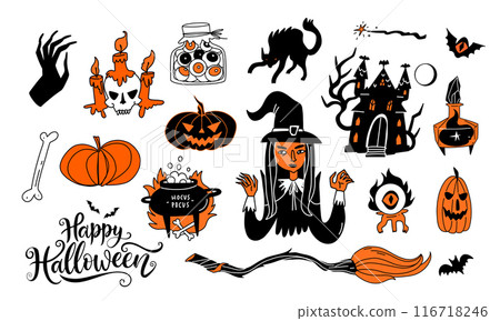 Halloween illustration stickers set with witch, pumpkin lantern and themed holiday elements for design Halloween illustration stickers set with witch, pumpkin lantern and themed holiday elements for design 116718246