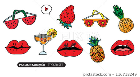 Red Lips Funny Set. Vibrant Juicy Red lips, Summer fruits and Sunglasses. Summer elements collection in doodle cartoon. Vector illustration of stickers Red Lips Funny Set. Vibrant Juicy Red lips, Summer fruits and Sunglasses. Summer elements collection in doodle cartoon. Vector illustration of stickers 116718249