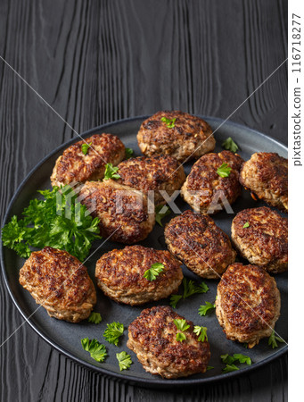 frikadeller, danish meatballs on a plate, top view frikadeller, danish meatballs on a plate, top view 116718277