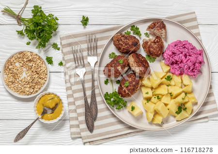 frikadeller, danish meatballs on a plate, top view frikadeller, danish meatballs on a plate, top view 116718278