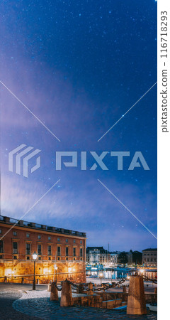 Stockholm, Sweden. Slottsbacken In Old Town Gamla Stan. Famous Popular Destination Scenic Place In Night Lights 116718293