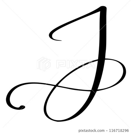 Hand drawn vector calligraphy letter capital J. Script font logo initials. Handwritten brush style flourish Hand drawn vector calligraphy letter capital J. Script font logo initials. Handwritten brush style flourish 116718296
