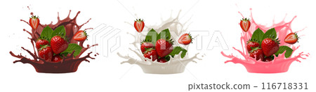 Three different strawberry splashes with chocolate, yogurt and milk. Ripe strawberries in splashes without background Three different strawberry splashes with chocolate, yogurt and milk. Ripe strawberries in splashes without background 116718331