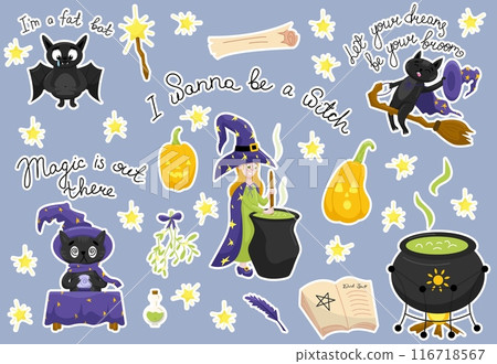 A set of stickers on the theme of Halloween and witchcraft. Magic cats and bats, pumpkins and more. 116718567