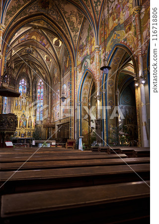 Interior of Basilica of St. Peter and St. Paul, neo-Gothic church in Vysehrad fortress in Prague, Czech Republic 116718806