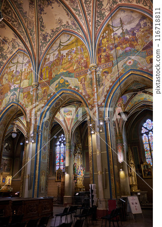 Interior of Basilica of St. Peter and St. Paul, neo-Gothic church in Vysehrad fortress in Prague, Czech Republic 116718811