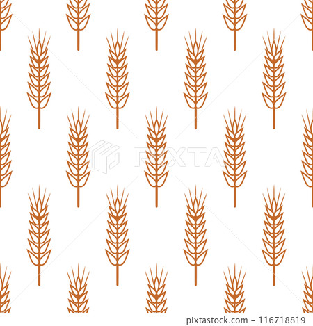 Vector Seamless Pattern with Agriculture Wheat, Cereal Ears. Organic Wheat, Rice Ears. Grain Ear Design Template for Bread, Beer Packaging, Farming, Organic Food Concept Vector Seamless Pattern with Agriculture Wheat, Cereal Ears. Organic Wheat, Rice Ears. Grain Ear Design Template for Bread, Beer Packaging, Farming, Organic Food Concept 116718819