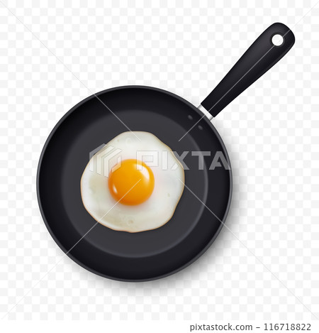 Vector 3d Realistic Fried Egg in the Frying Pan, Closeup Isolated in Top View. Design Template of Scrambled Eggs, Fried Egg, Omelette. Delicious Breakfast, Food, Culinary Concept 116718822