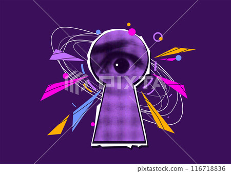Female eye look out of keyhole vector illustration. Access and vision concept on dark purple backdrop. Contemporary art collage, concept design. Gossip background 116718836