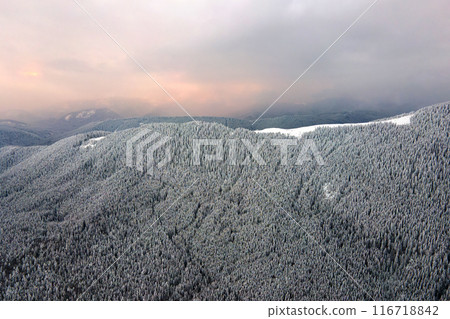 Aerial view of winter landscape with mountain hills covered with evergreen pine forest after heavy snowfall on cold quiet evening. Aerial view of winter landscape with mountain hills covered with evergreen pine forest after heavy snowfall on cold quiet evening. 116718842