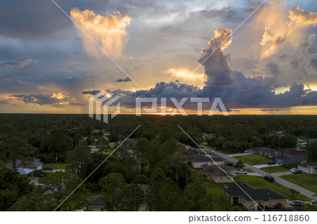 Aerial view of suburban landscape with private homes between green palm trees in Florida quiet residential area in evening 116718860