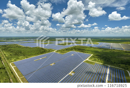 Aerial view of large sustainable electrical power plant with rows of solar photovoltaic panels for producing clean electric energy. Concept of renewable electricity with zero emission 116718925