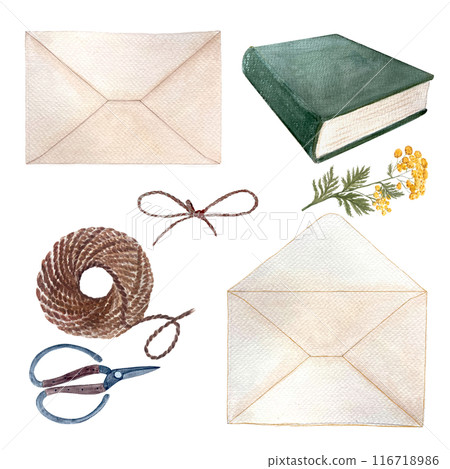 Envelope close and open, scissors, jute rope, tansy, book watercolor set isolated on white. Hand drawn high quality art. Simple style illustration for stationary, cards, notebooks and packages design 116718986