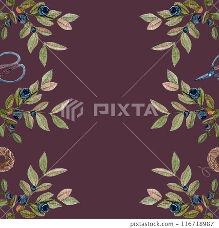 Blueberry sprig, scissors, jute rope watercolor vertical seamless pattern on burgundy. Hand drawn wild edible forest plant in simple style for woodland designs, wrapping paper, textile, packages 116718987