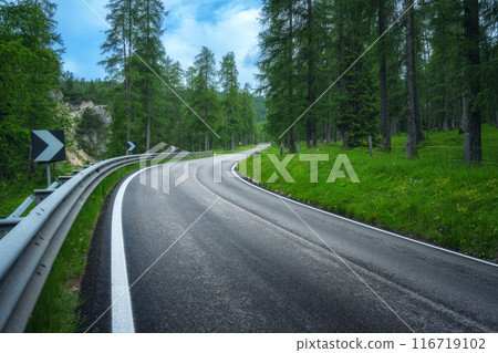 Curvy road in green forest in summer in Dolomites, Italy Curvy road in green forest in summer in Dolomites, Italy 116719102