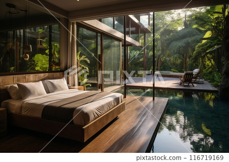 A serene hotel haven blending natural wood with modern luxury 116719169