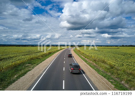 Aerial view of intercity road between green agricultural fields with fast driving cars. Top view from drone of highway traffic 116719199