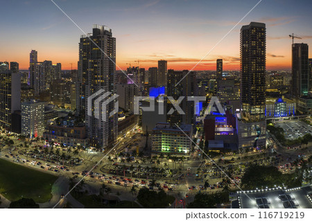 Aerial view of downtown office district of of Miami Brickell in Florida, USA at night. High commercial and residential skyscraper buildings in modern american megapolis 116719219