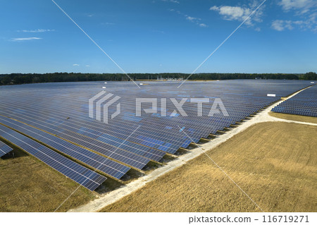 Aerial view of big sustainable electric power plant with many rows of solar photovoltaic panels for producing clean electrical energy. Renewable electricity with zero emission concept 116719271