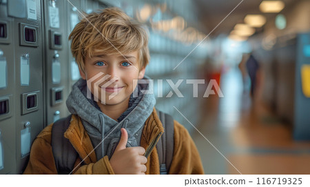 Cute Caucasian School Boy Giving a Thumbs Up in the Hallway of His School. Generative AI. 116719325