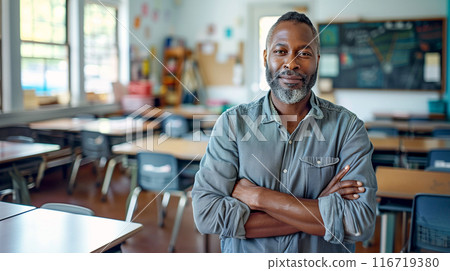 Proud African American Male Teacher Standing In His Classroom. Generative AI. 116719380