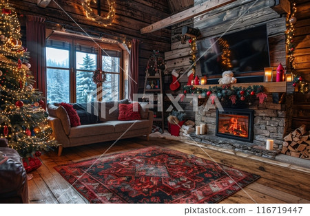 Cozy Cabin Living Room With Christmas Decor 116719447