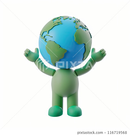 A man with a green complexion is holding a globe that is also green 116719568