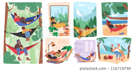 People Relaxing In Hammocks In Diverse Environments Including Forests, Beaches, Mountains, And Indoor Spaces People Relaxing In Hammocks In Diverse Environments Including Forests, Beaches, Mountains, And Indoor Spaces 116719790