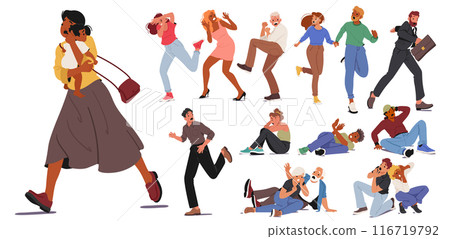 Diverse Group Of People Expressing Fear And Anxiety In Various Situations. Includes Men And Women Reacting With Terror 116719792