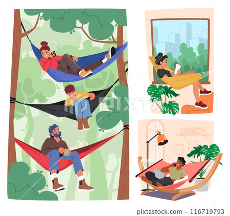 Diverse People Relaxing In Hammocks Both Outdoors And Indoors Portray A Sense Of Leisure, Relaxation, And Tranquility 116719793