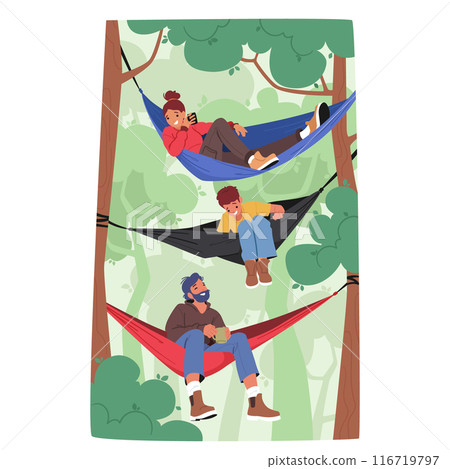 Family Characters Enjoying A Relaxing Time In Stacked Hammocks Amidst A Lush Forest. Outdoor Relax Camping on Nature 116719797