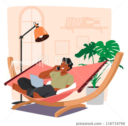 Illustration Of A Man Relaxing In A Hammock Indoors, Multitasking With A Laptop And Phone, Cartoon Vector Scene 116719798