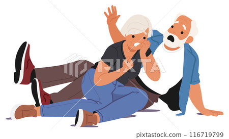 Elderly Couple Displaying Expressions Of Shock And Fear. Pair Is Depicted In A Dramatic Pose, Highlighting Their Fright 116719799