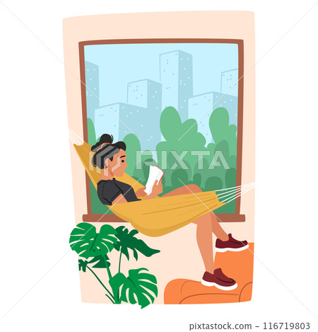 Cartoon Woman Relaxing In Hammock While Reading A Book Indoors. Vector Illustration Is Set Against A Backdrop Of Window 116719803