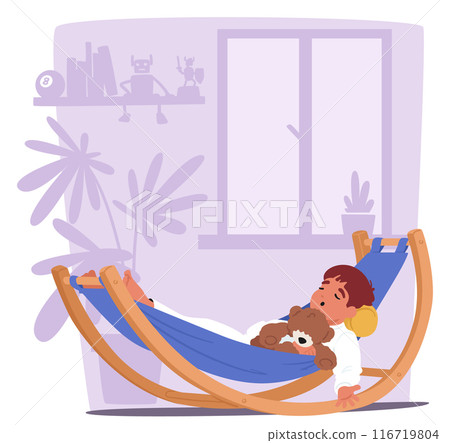 Young Child Character Sleeping Peacefully In A Hammock, Cuddling A Teddy Bear, Set In A Cozy Indoor Environment 116719804