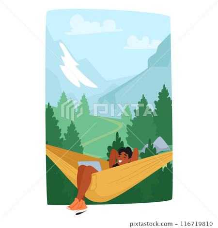 Illustration Of A Woman Relaxing In A Hammock Surrounded By A Beautiful Mountain Landscape. Travel And Outdoor Lifestyle 116719810