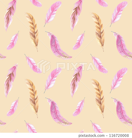 Pink and beige Feathers Watercolor seamless pattern on a beige background. Hand drawn illustration. Can be used for fabric, textile and packaging prints. 116720008