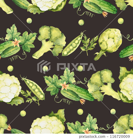 Green Vegetables Watercolor Seamless Pattern with Peas, Broccoli, Cauliflower and Cucumbers, Parsley plant and Artichoke on a black background. Can be used for kitchen textile prints, product 116720009