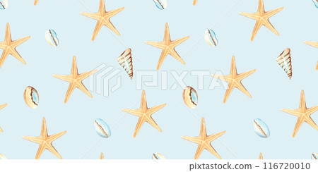 Watercolor under the sea hand drawn seamless pattern with starfish and seashells on light blue background. For fabric, textiles, baby clothes, wallpaper, marine beach design. 116720010