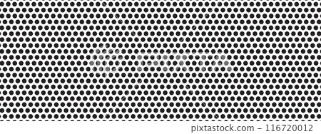 Black circular dots on white background. Mosaic holey print. Perforated metal texture. Peg board, radiator or speaker grill surface with repeated round holes. Vector graphic illustration Black circular dots on white background. Mosaic holey print. Perforated metal texture. Peg board, radiator or speaker grill surface with repeated round holes. Vector graphic illustration 116720012