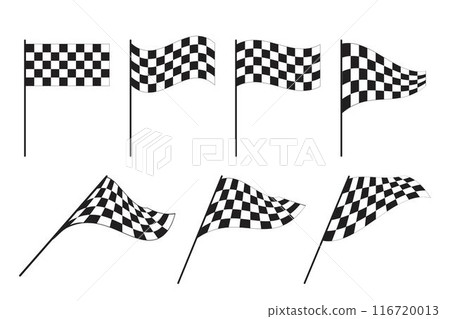 Set of wavy race flags with checkered black and white print. Start or finish symbols on motocross or sport car competition. Rally props. Victory, trophy or success signs. Vector graphic illustration 116720013