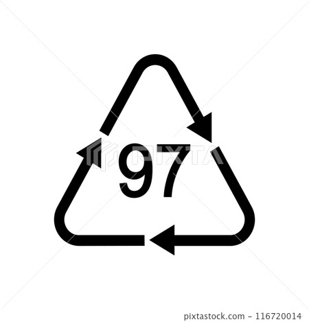 Glass or tinplate recycling sign. Number 97 in triangular shape with arrows. Reusable icon isolated on white background. Environmental protection concept. Vector graphic illustration 116720014