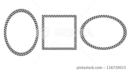 Set of frames with black and white squares checkered print. Oval and square forms with checkerboard, race flag or chess plane pattern. Geometric frameworks. Vector graphic illistration 116720015