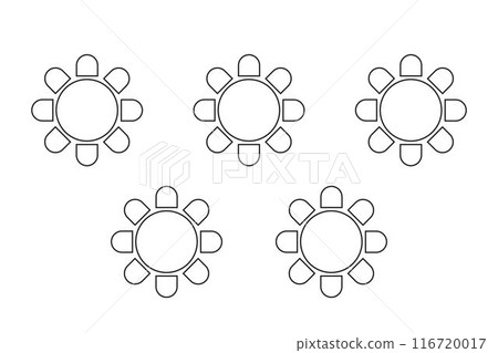 Cafe or restaurant seats arrangement plan. Tables and chairs icons isolated on white background. Banquet or wedding party seatings scheme top view. Vector graphic illustration 116720017